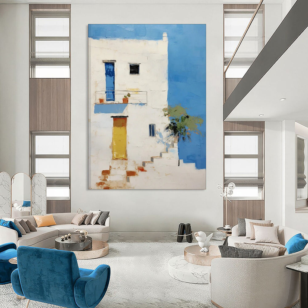 White Building, Blue Sky, Colorful Doors - "Mediterranean Charm" - Impressionistic Architectural Painting CT1837