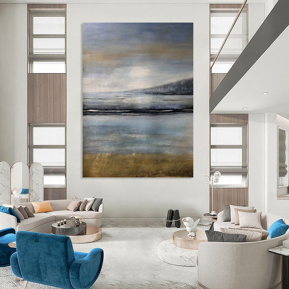 “Misty Coastal Blues” - Blue & Gray Abstract Seaside Landscape Painting On Canvas DKH1576