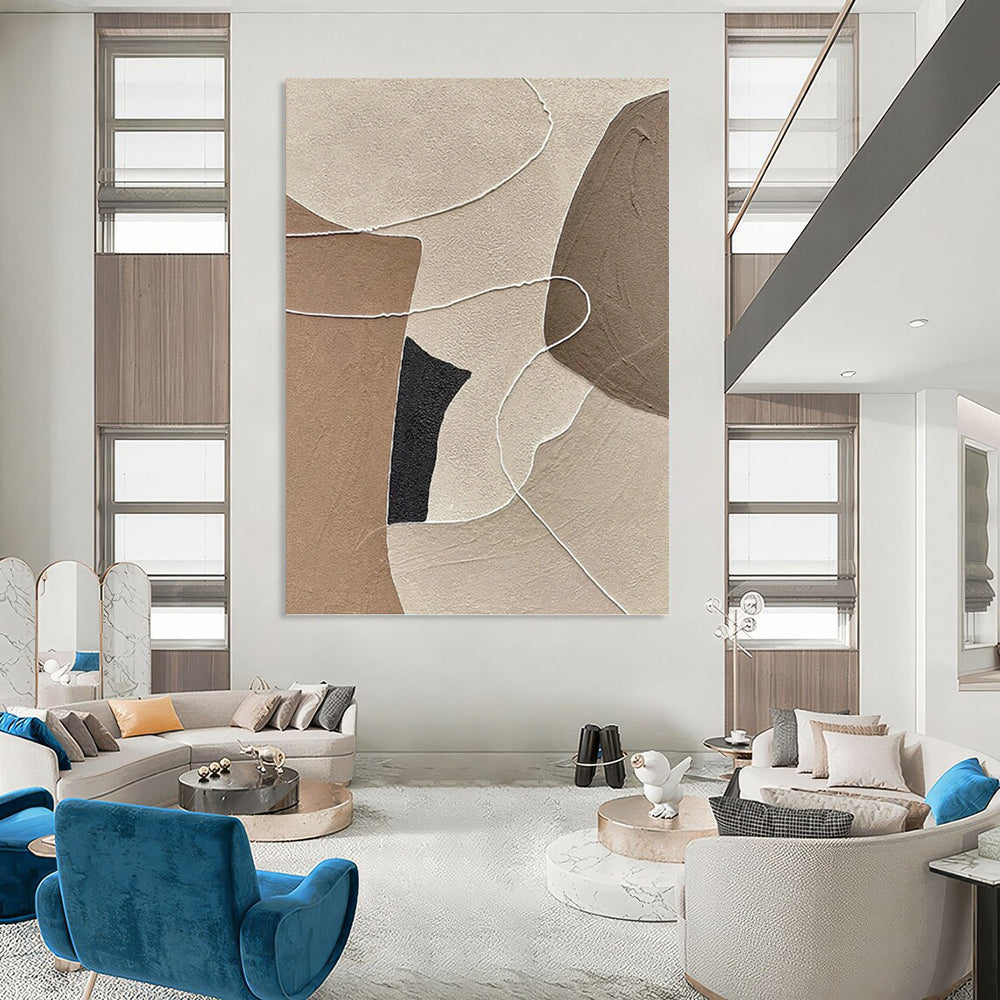 “Neutral - Toned Abstract with White Lines and Shapes” - Minimalist Textured Painting On Canvas DKH1112