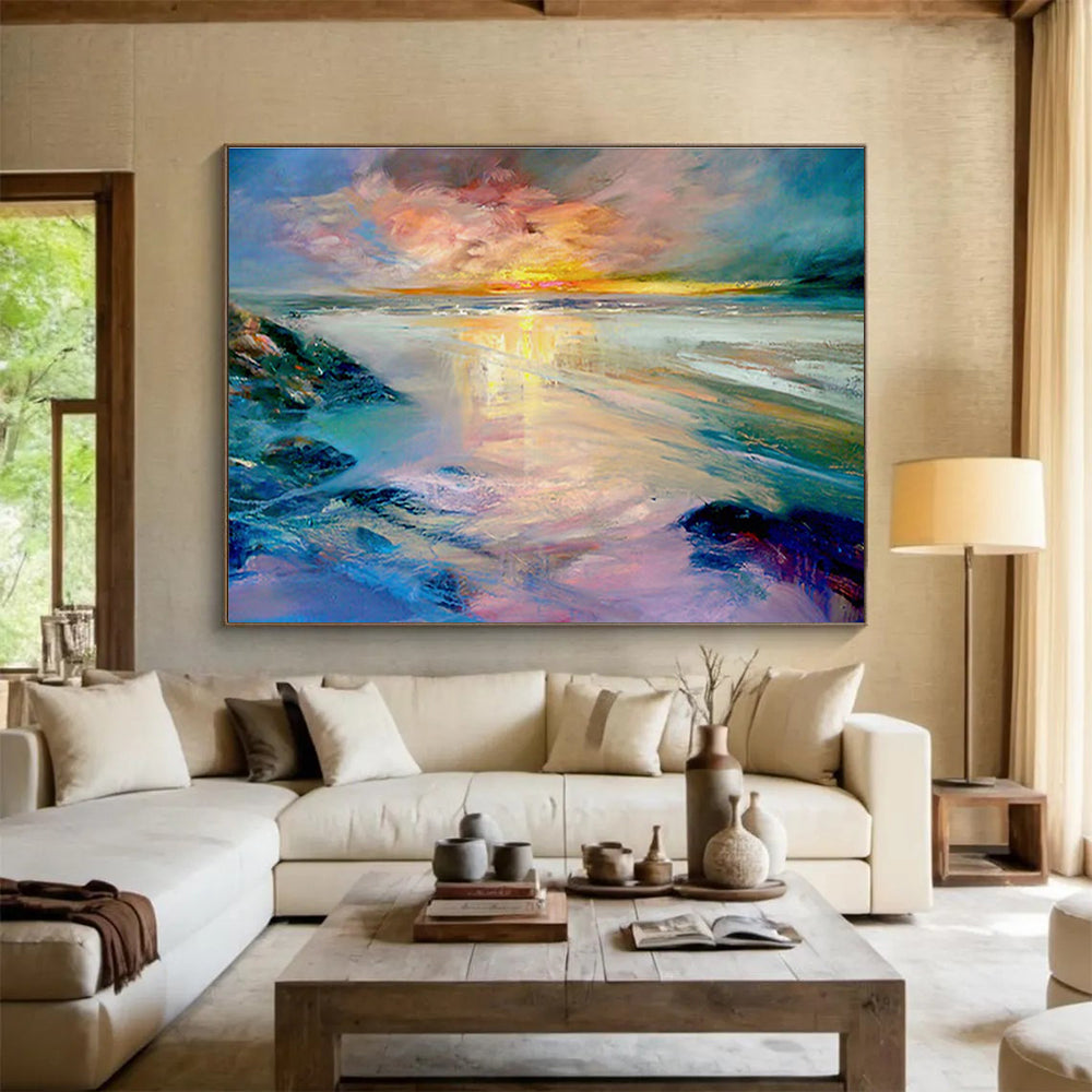 Colorful Sunset Beach Scene Impressionistic Painting On Canvas DKH213