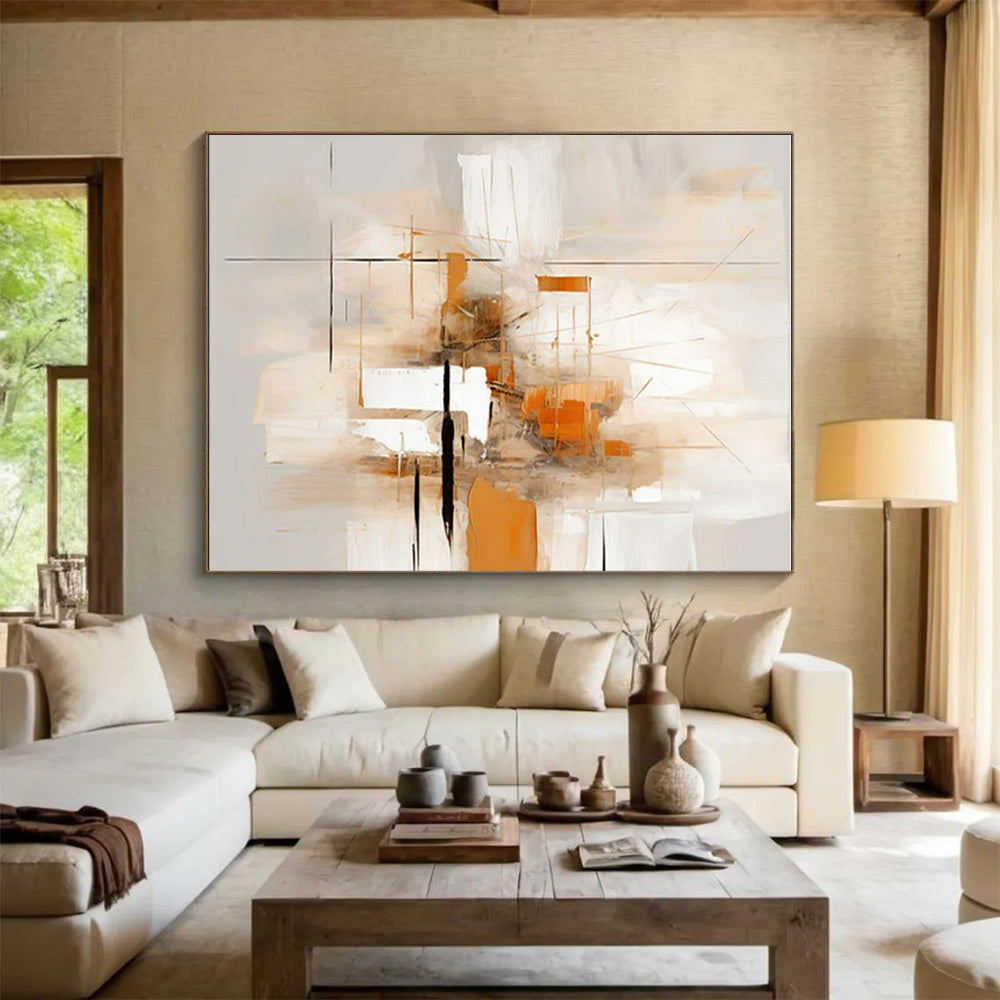 “Beige - Orange - Gray Abstract Grid” ,Abstract Acrylic Painting CT0823