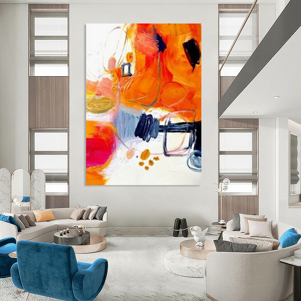 “Orange - Abstract Energy” - Orange, Pink, Blue Dynamic Shapes Painting On Canvas DTP272