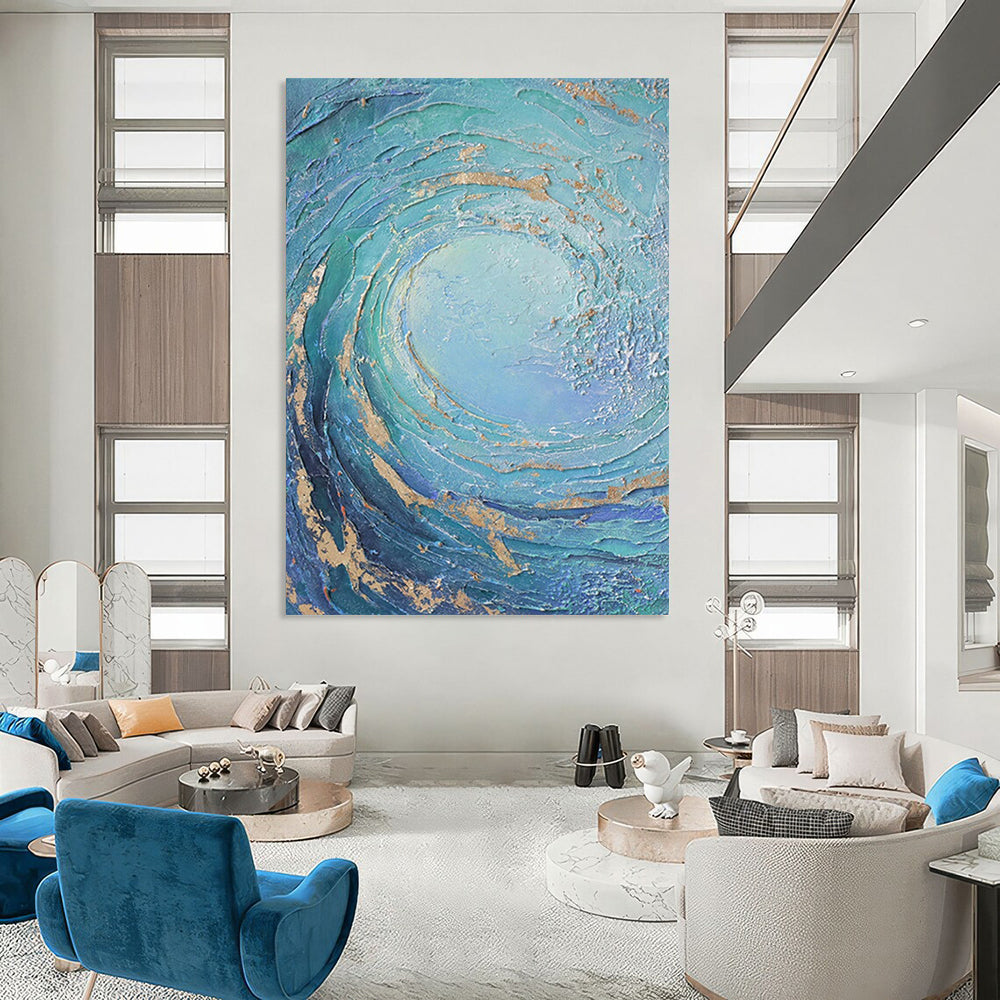 “Blue, Green, Gold Swirling Vortex ‘Oceanic Energy’” - Impasto Sea - Inspired Painting On Canvas DTP332