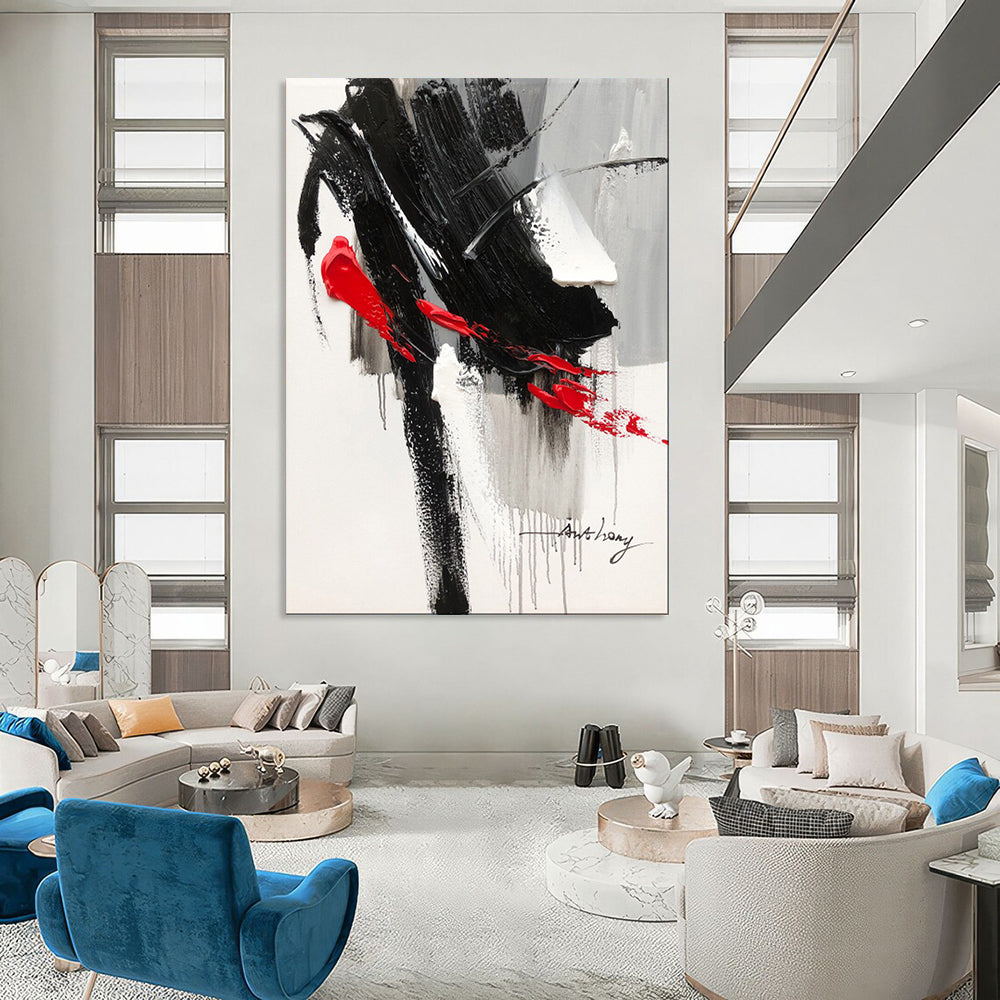 “Black, White, and Red Drama” – Bold Abstract Acrylic CT2088