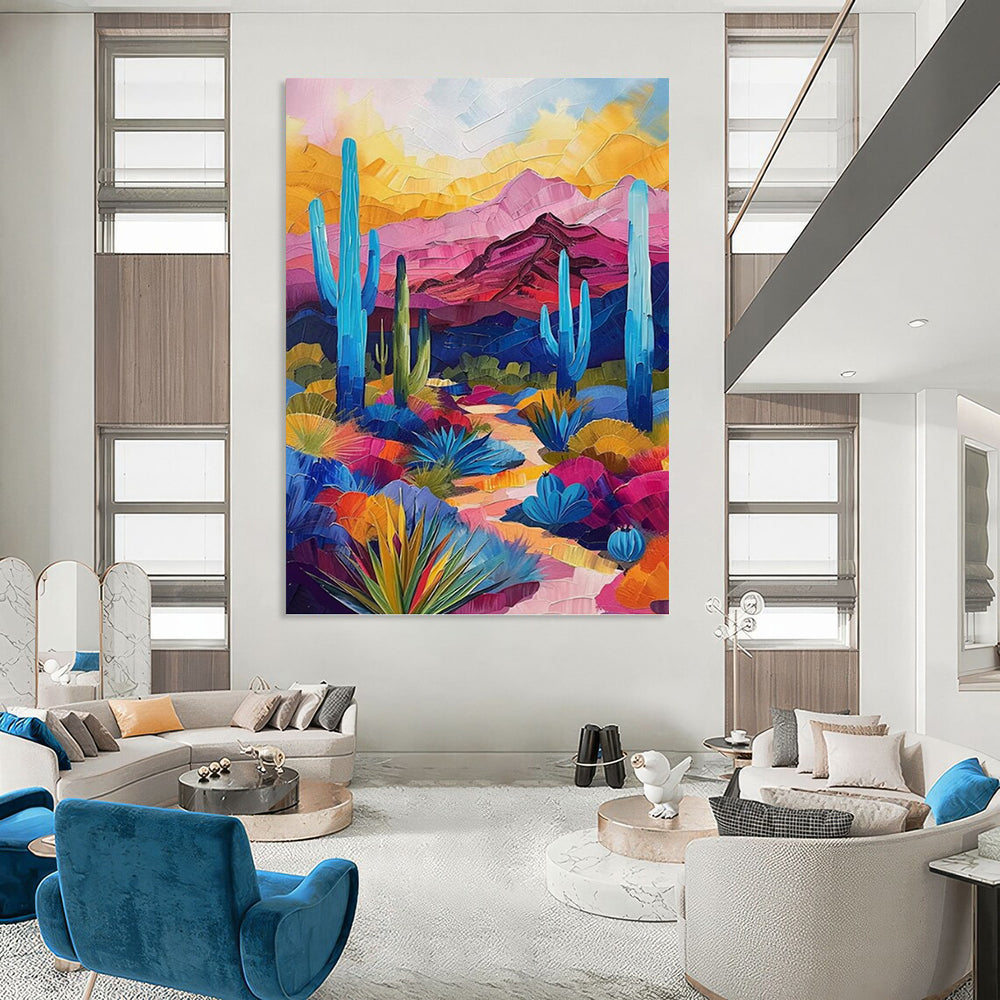 “Desert Vividness” - Colorful Desert Landscape with Cacti Painting On Canvas DKH1556