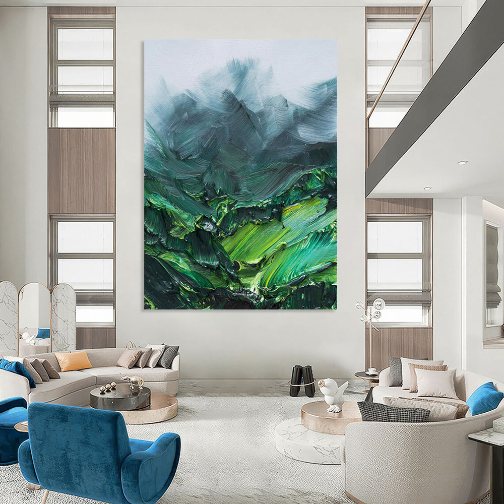 “Green Mountain Impasto” - Green, Teal & Gray Textured Landscape Painting On Canvas DKH0944