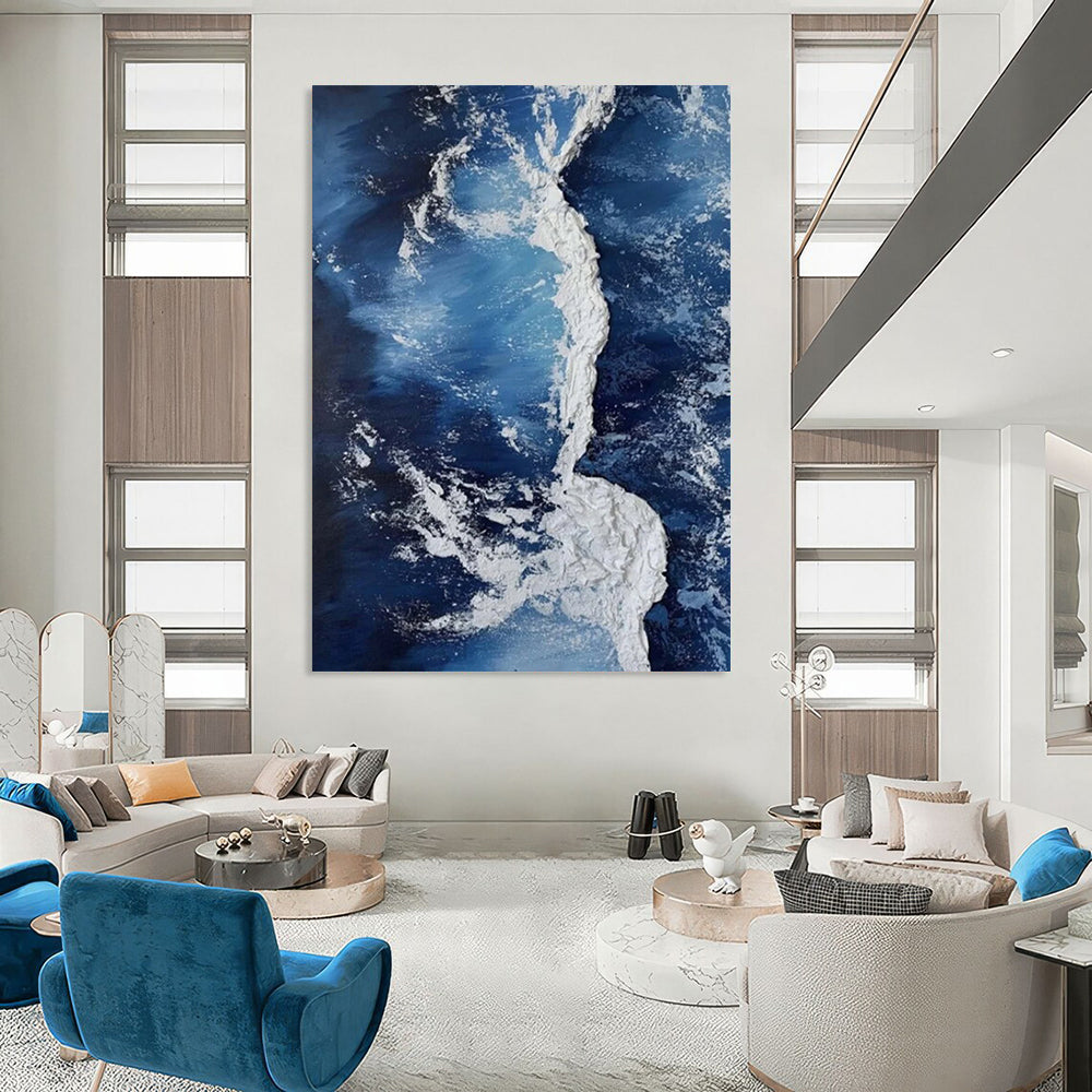 “Blue, White Textured Wave ‘Crashing Serenity’” - Impasto Sea Painting On Canvas DTP335