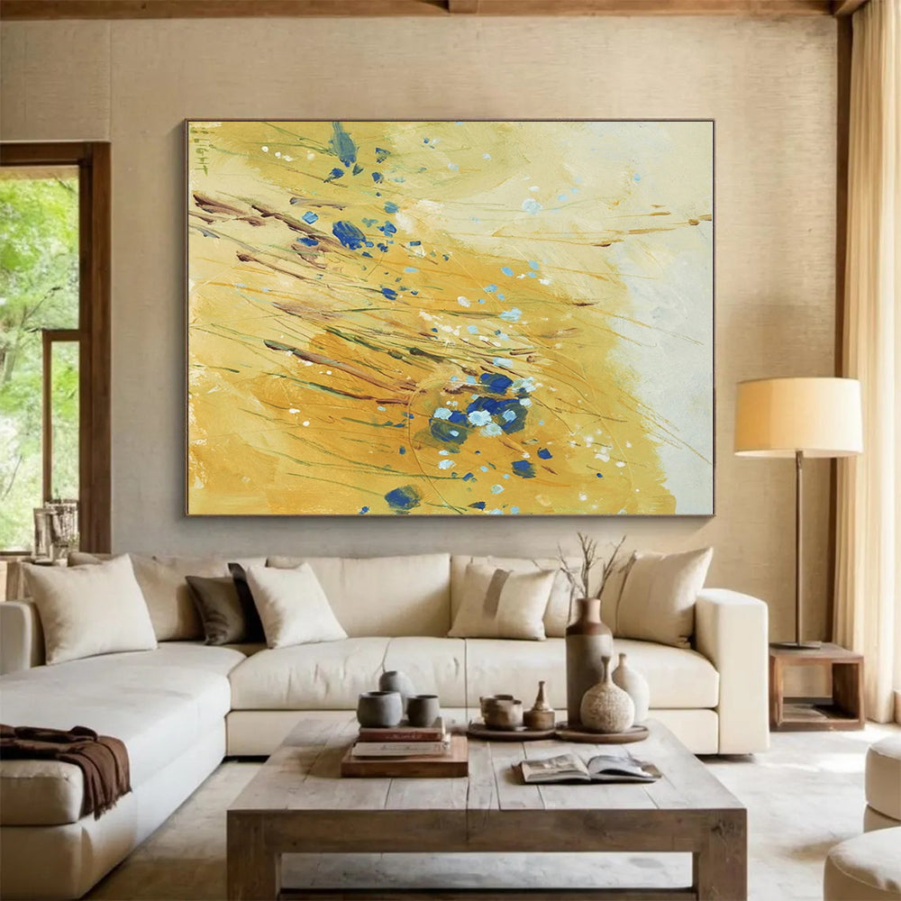 Yellow Field with Blue Blooms, "Sunny Meadow" - Impressionistic Abstract Painting CT0707
