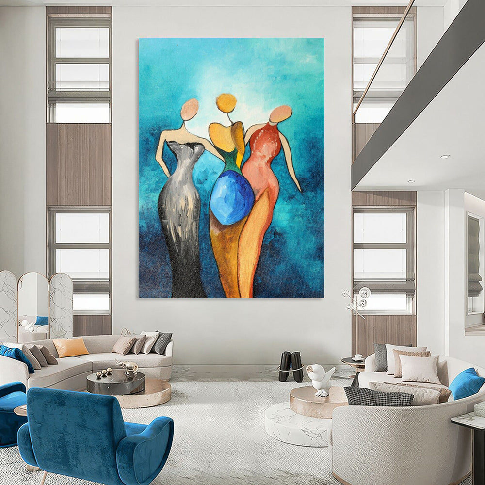 Turquoise, Multi - colored Figures - "Sisterhood in Hues" - Abstract Figurative Painting CT1813
