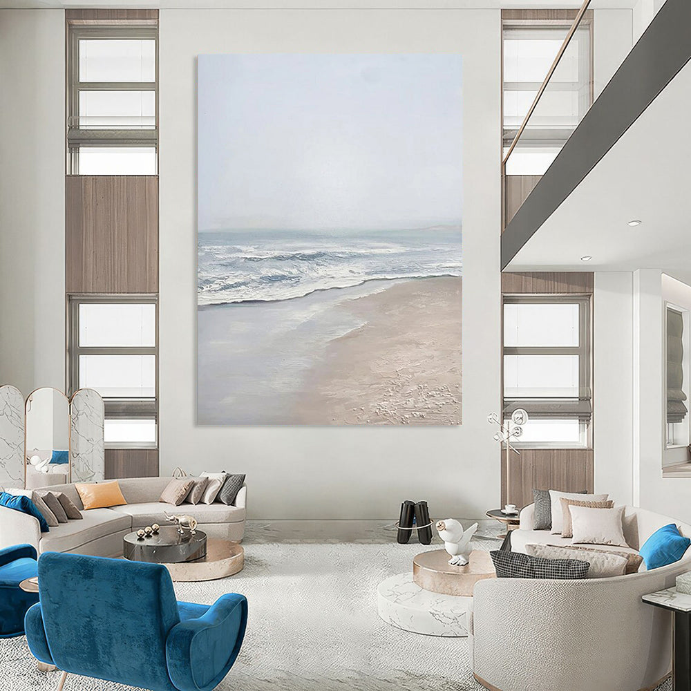 “Serene Gray Beach” - Gray, Blue, White Landscape Painting On Canvas DTP310
