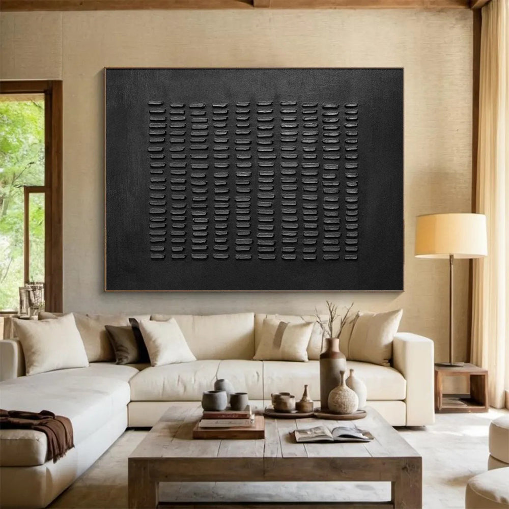 Textured Black Abstract “Tactile Black Grid” Painting On Canvas DKH089