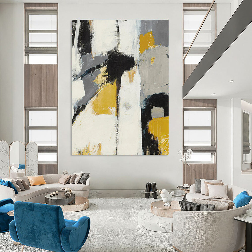 “Bold Neutrals” - Gray, Yellow, Black & White Abstract Block Painting On Canvas DKH1525
