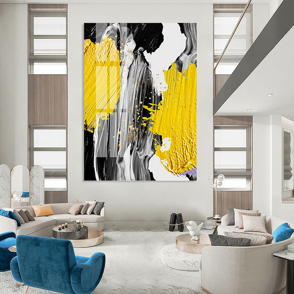 “Vibrant Strokes” - Yellow, Gray, Black & Gold Abstract Splashes Painting On Canvas DKH1526