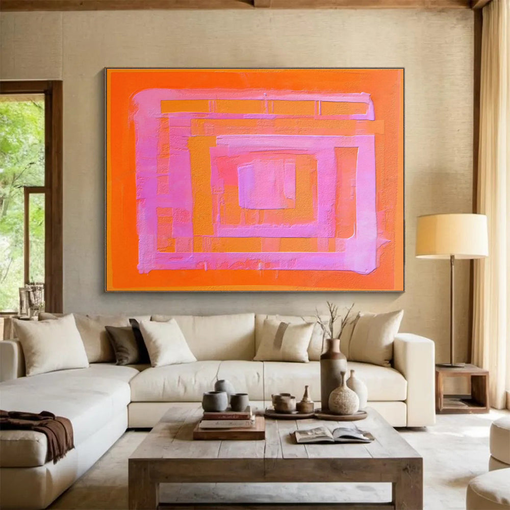 “Orange & Pink Geometric Layers” Minimalist Abstract Painting On Canvas DKH368