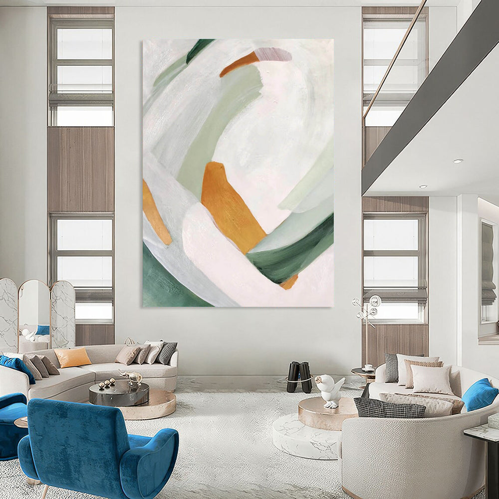“Soft Color Block Abstraction” - White, Green, Orange Abstract Painting On Canvas DTP257