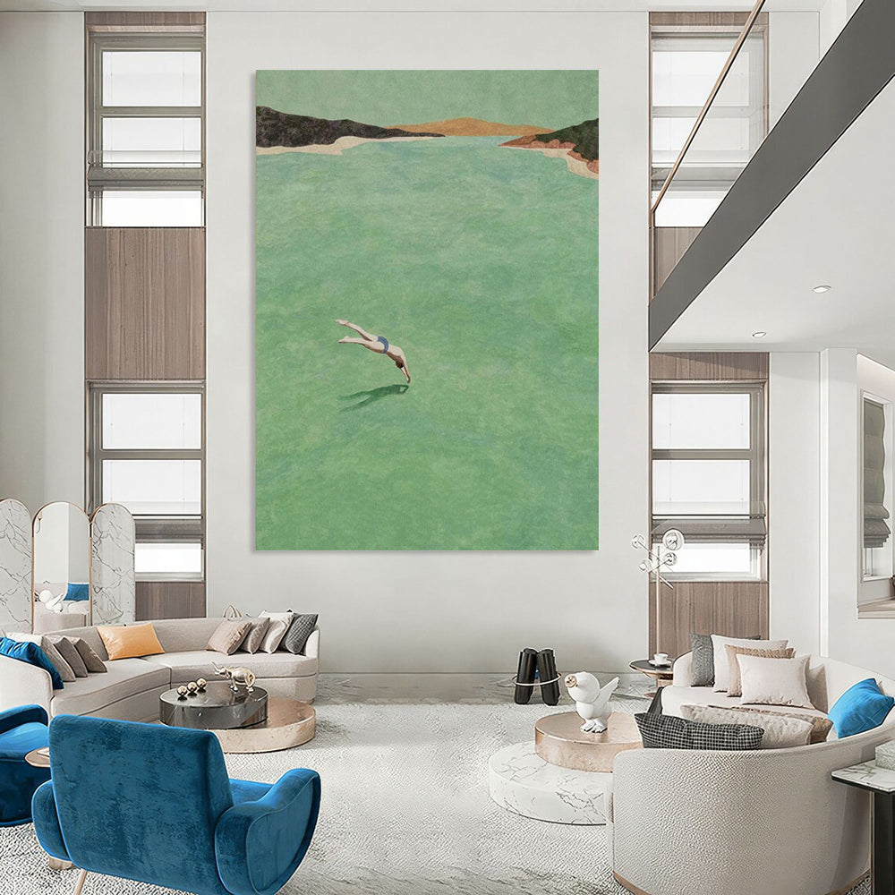 “Diver in Green Water” - Green, Blue, Brown Landscape Painting On Canvas DTP304