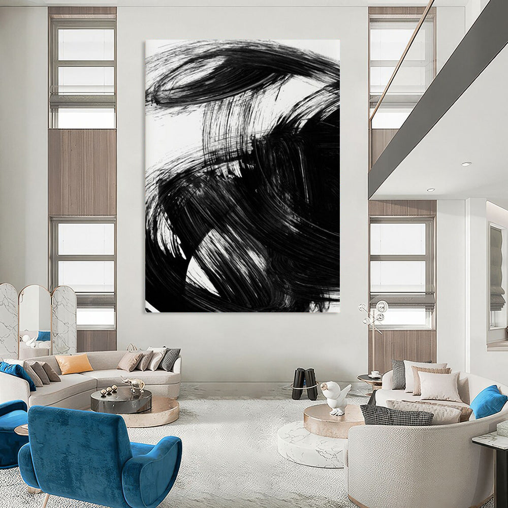 “Dynamic Black Ink Swirl” - Bold Black Ink Abstract Painting On Canvas DTP195