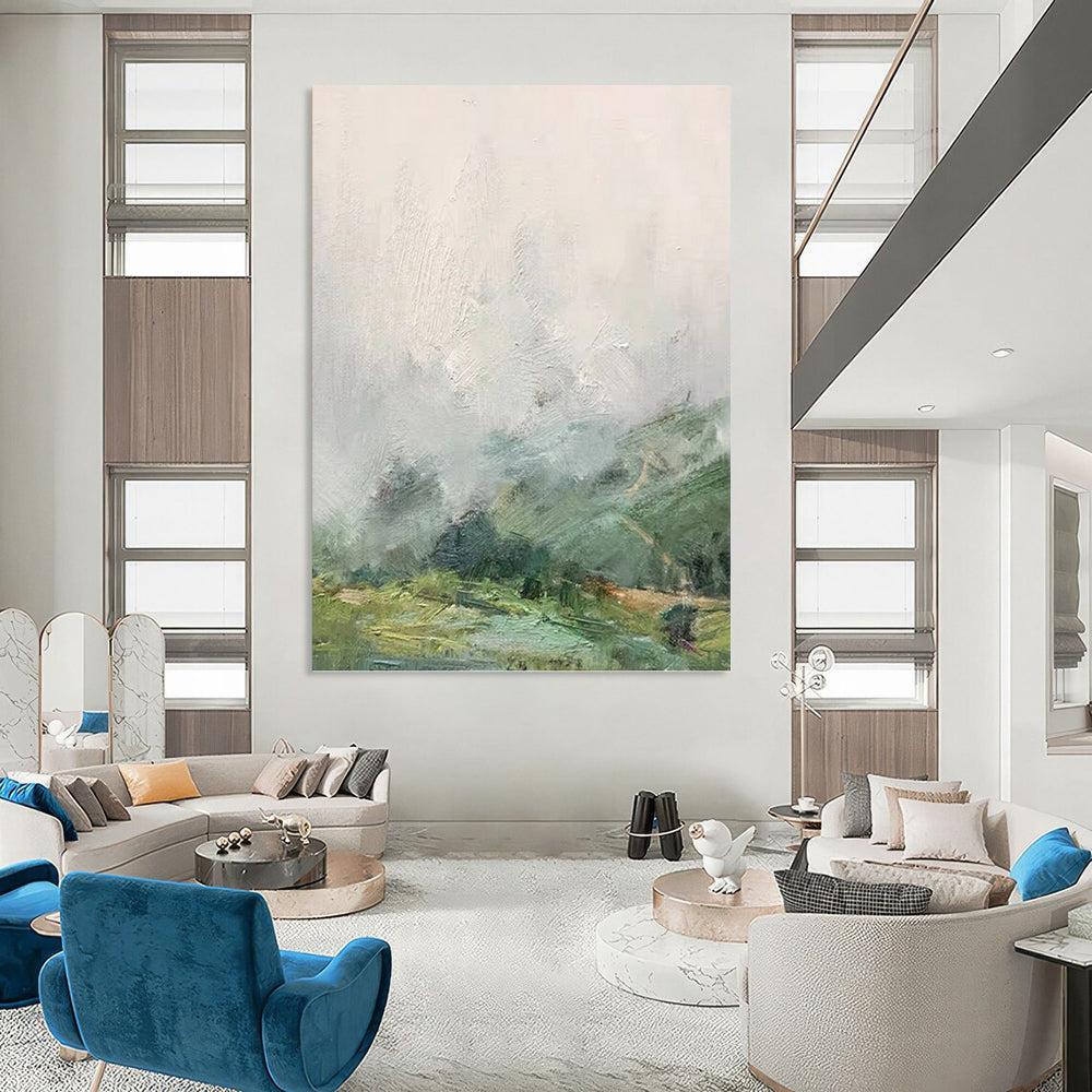 “Misty Valley” - Green, Gray & White Impressionistic Landscape Painting On Canvas DKH1541