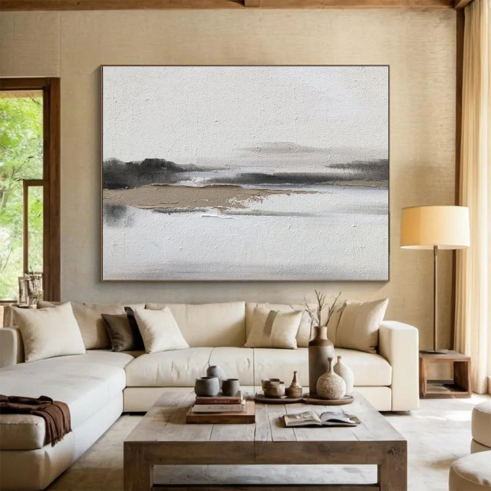 Minimalist Gray Landscape - Gray, White & Brown Landscape Painting On Canvas DKH911
