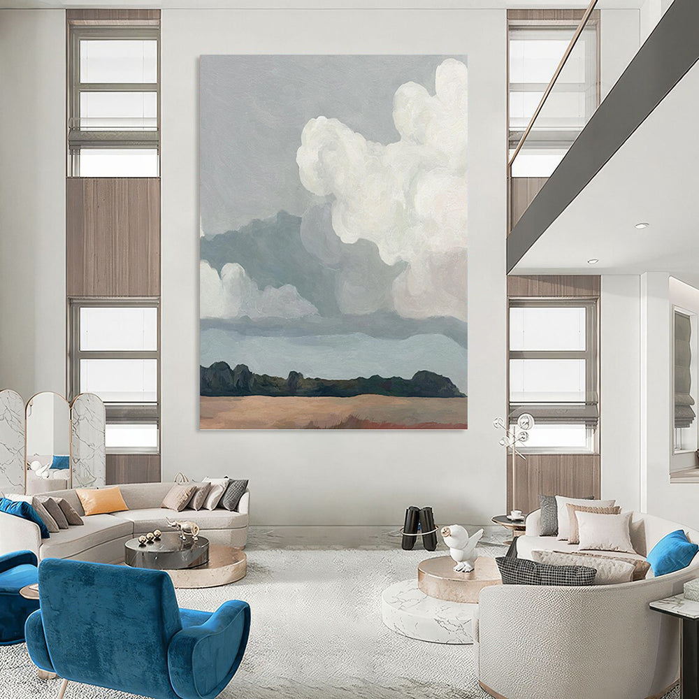 Minimalist Clouds Over Landscape - Landscape Painting On Canvas DKH1430