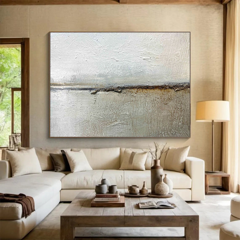 “Textured Neutral Divide” - White, Gray, Brown Minimalist Abstract Painting On Canvas DKH754