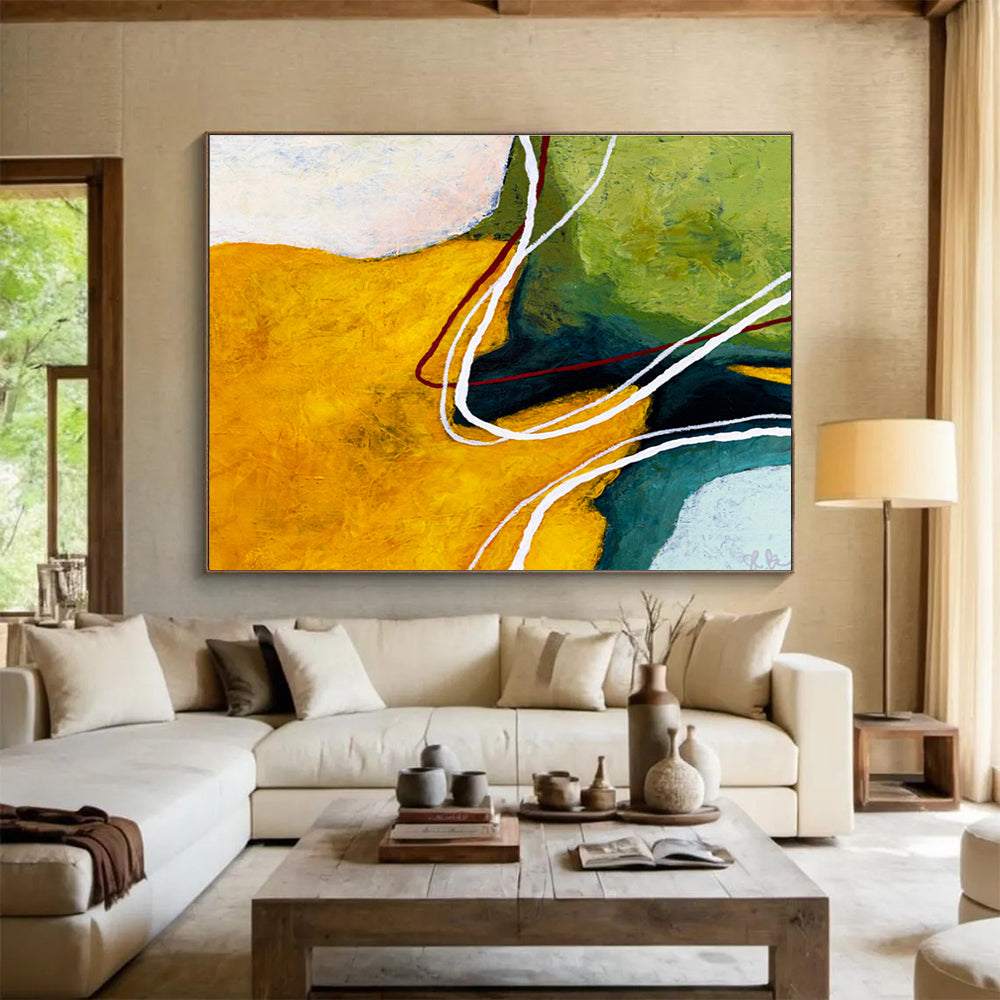 “Yellow - Green with Curved Lines” Abstract Acrylic Painting On Canvas DKH551