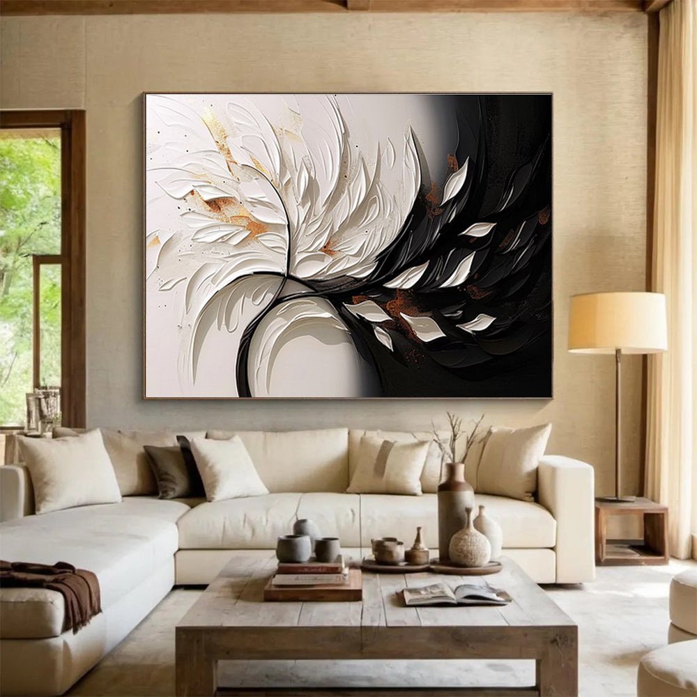 “3D White & Black Floral Burst” - White, Black, Gold Textured Floral Painting On Canvas DKH746