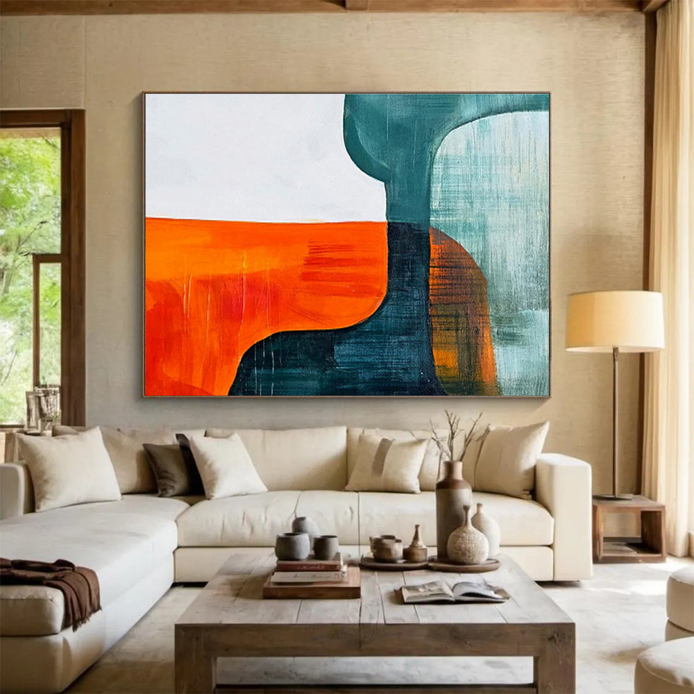Orange Teal and Blue Shapes Vibrant Geometric Abstract Painting On Canvas DKH265