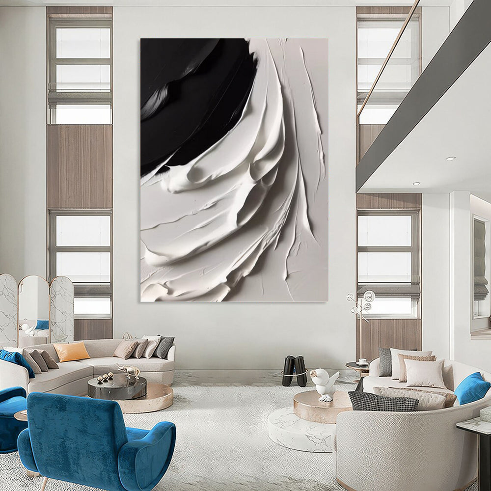“Curved Black - White Layers” - Abstract Impasto Painting On Canvas DKH1670
