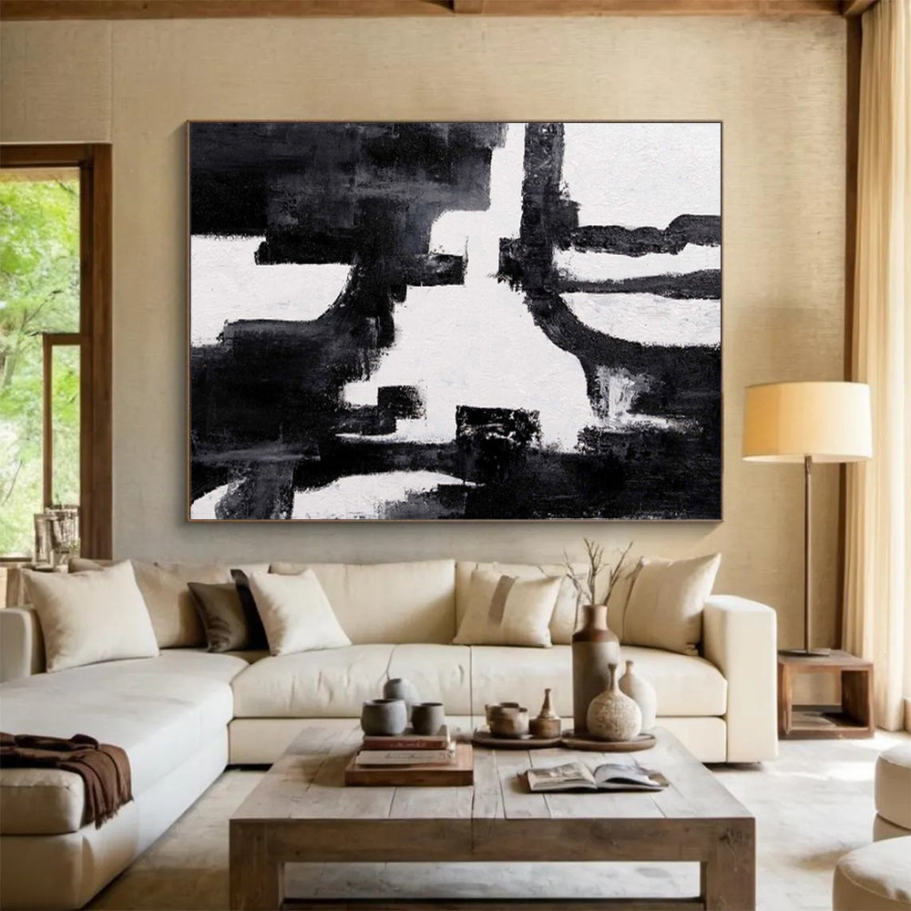 “Bold Black and White Abstract - Dynamic Shapes” Painting On Canvas DKH018