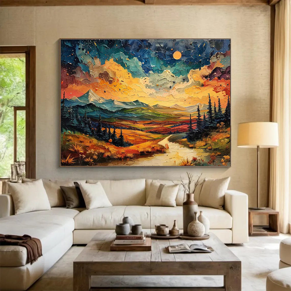 “Vibrant Mountain Sunset”:Colorful Impasto Landscape Painting On Canvas DKH252