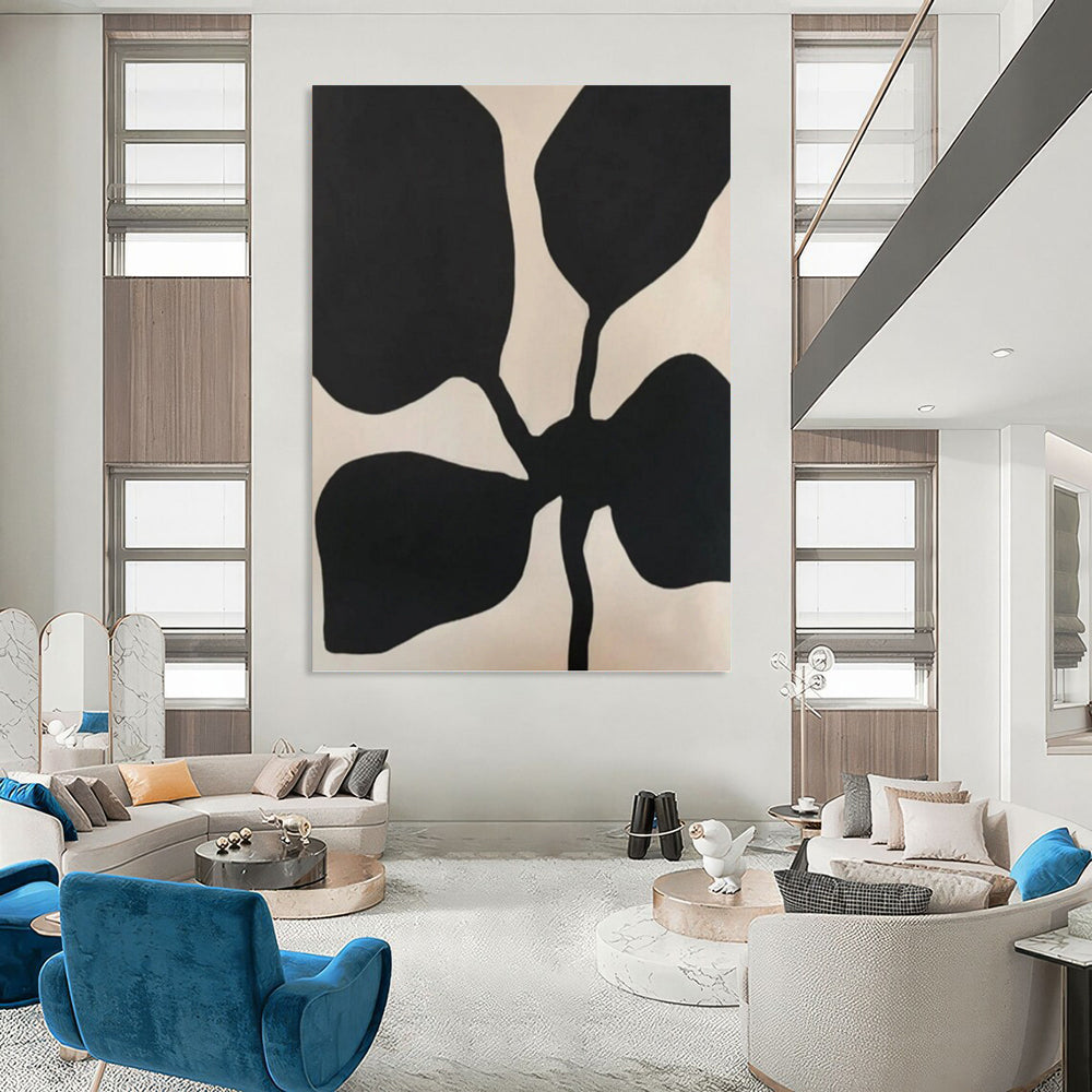 “Black Flower - like Forms on Light Background” - Minimalist Abstract Painting On Canvas DKH1077