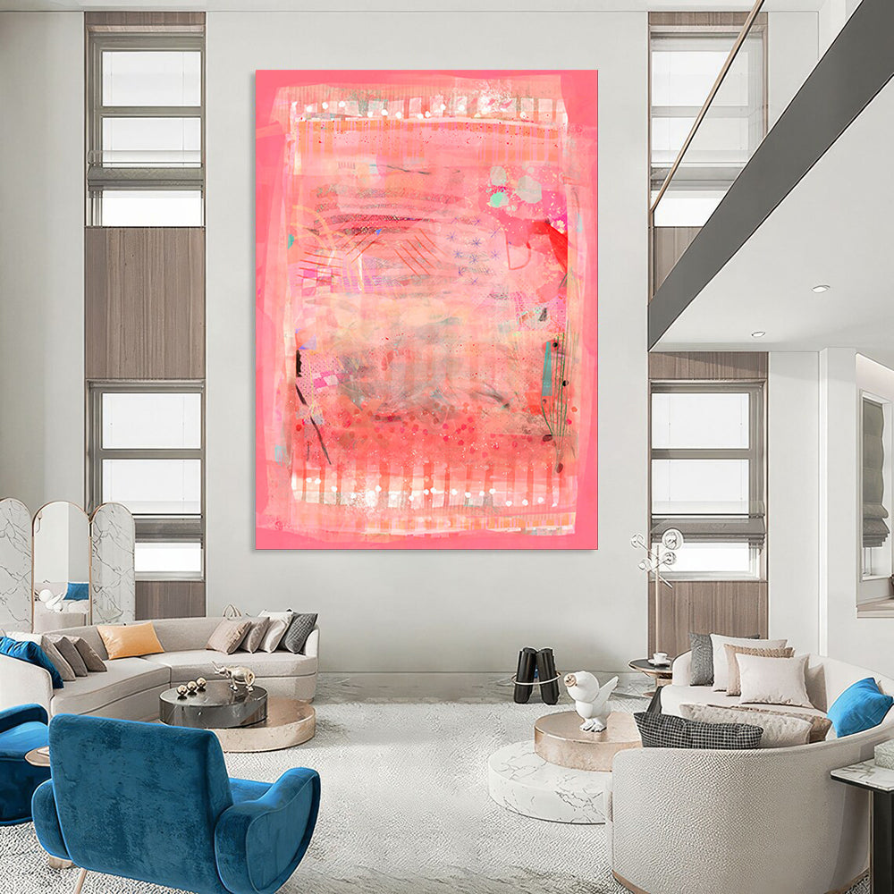 “Pink & Patchwork” - Abstract Mixed - Media Collage Art on Canvas CT1863