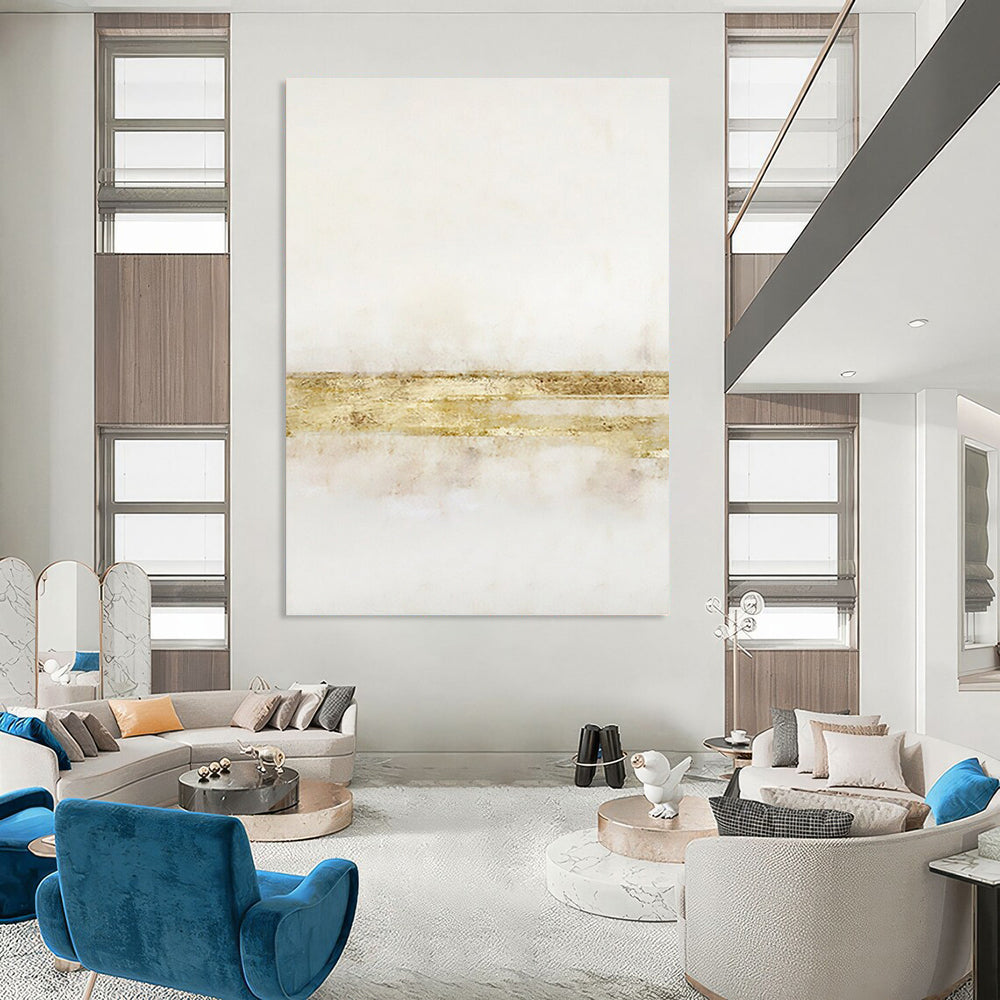 “Gilded Simplicity” - White & Gold Minimalist Stripes Painting On Canvas DKH1538