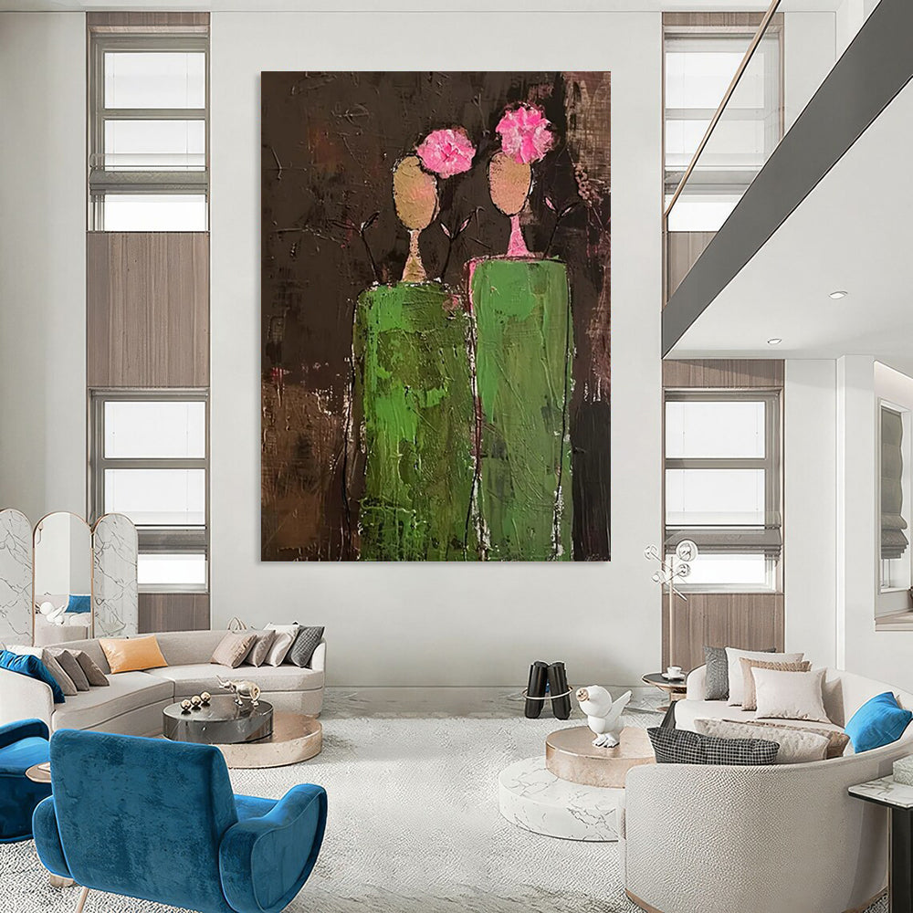 “Pink - Flowered Figure Abstract” - Naive Art - Inspired Painting On Canvas DTP080