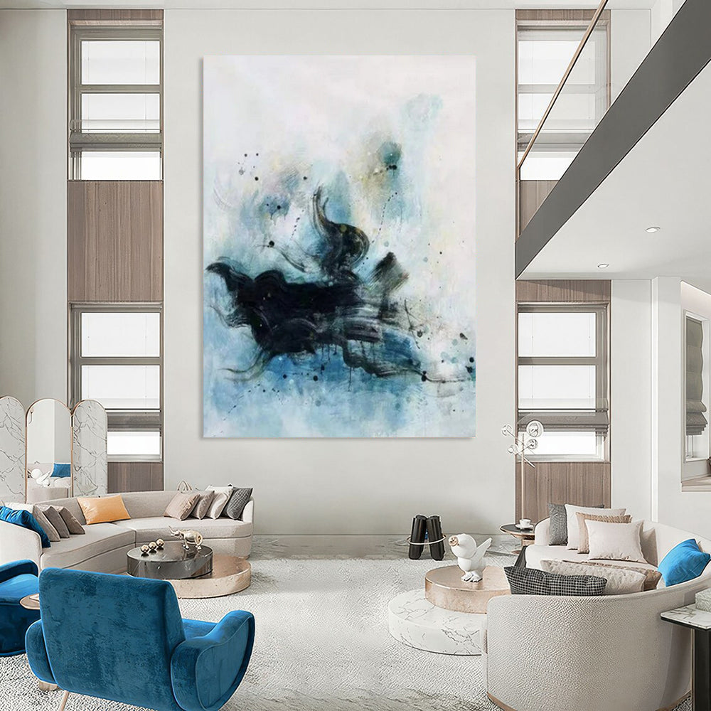 Black, Blue & White Ink - Like Flow - Abstract Painting On Canvas CT2305