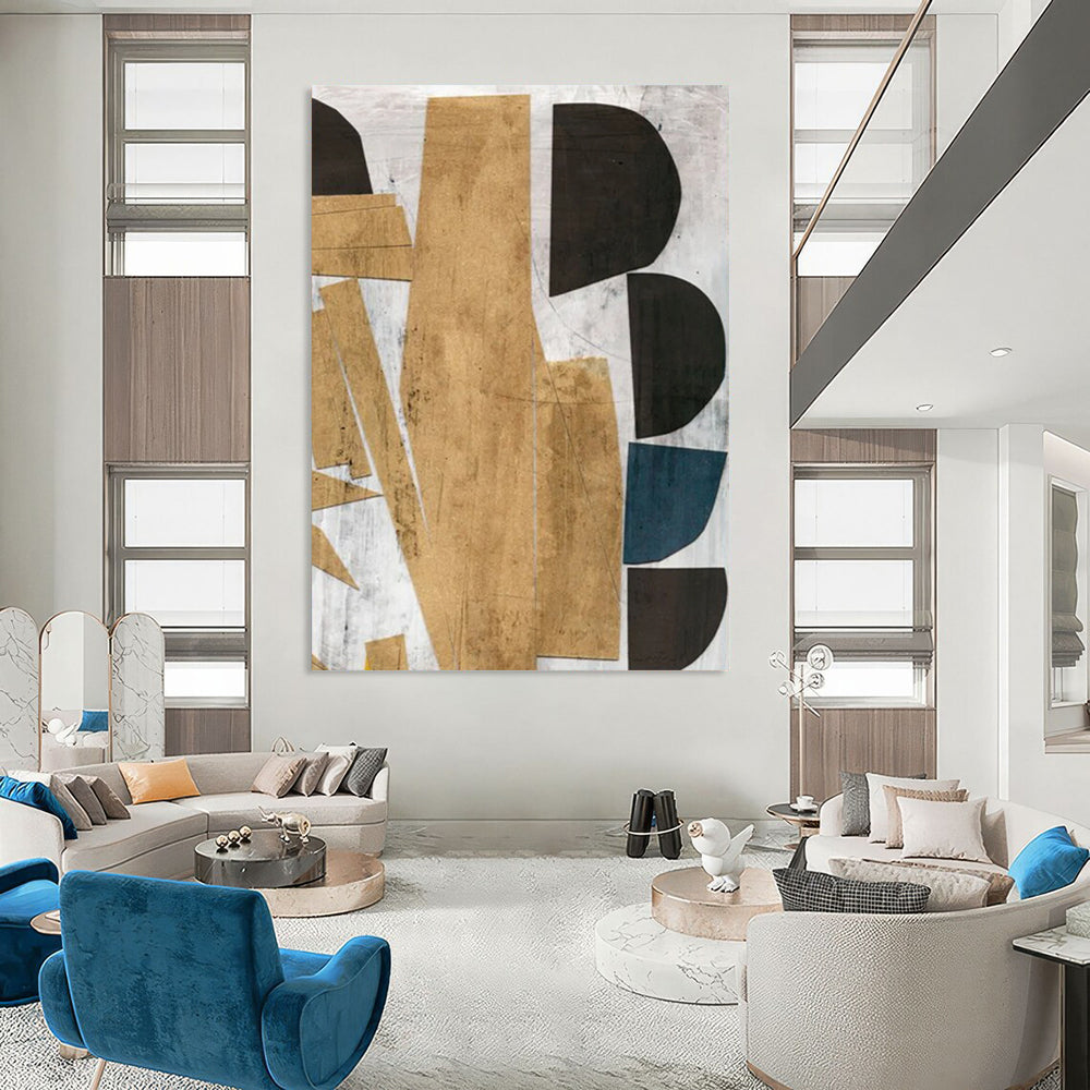 “Geometric Gold & Blue Collage” - Gold, Blue, Black Abstract Painting On Canvas DTP216
