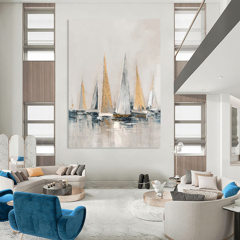 Gold and Silver Sailboats on Gray Water - Nautical Painting On Canvas DKH1416