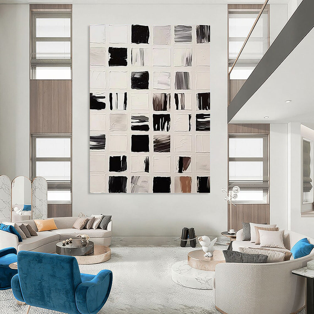 “Black and White Square Abstract - Microcosm of Color” Painting On Canvas DKH1133