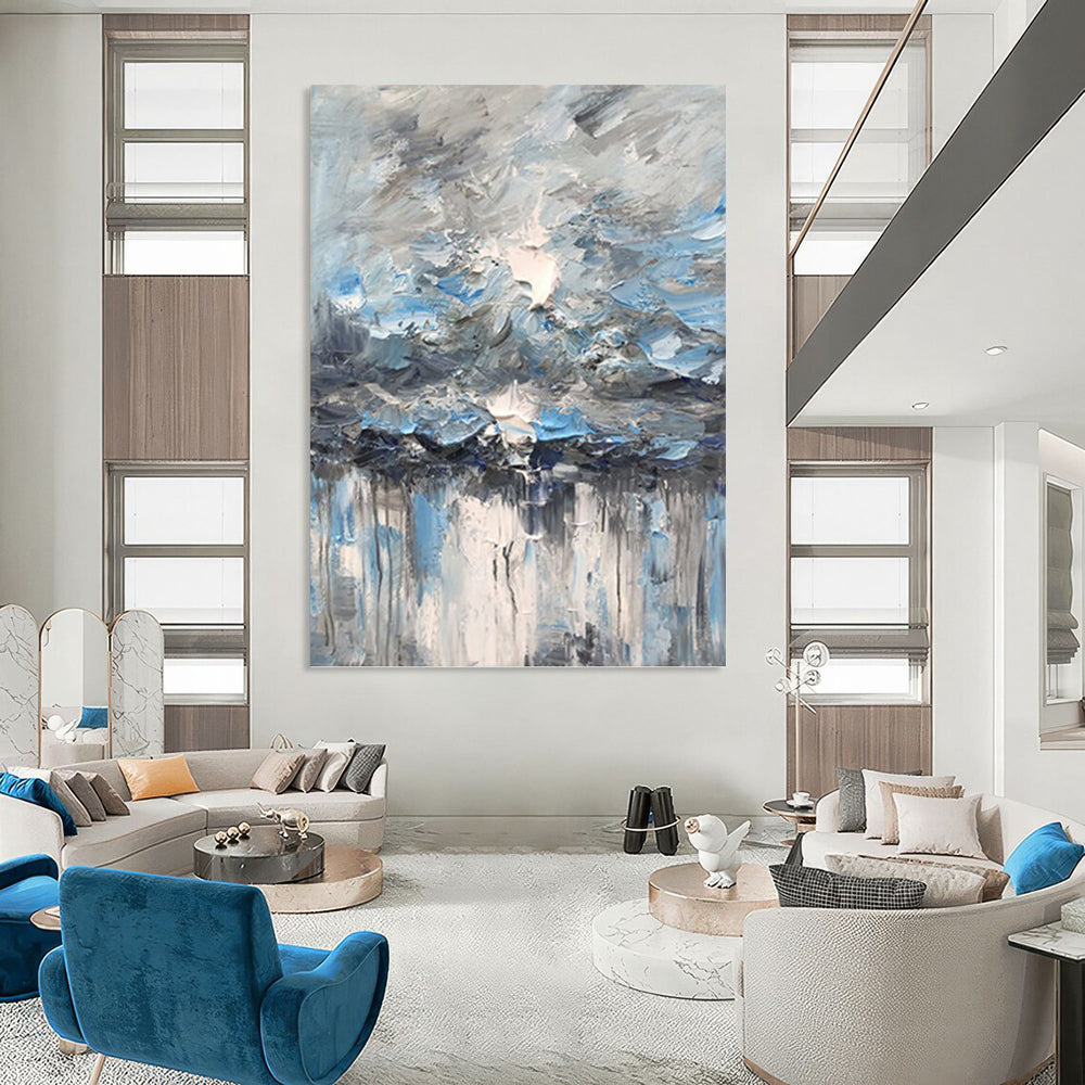 Blue - Gray Sky and Water Drip - Abstract Impasto Painting On Canvas DKH1291