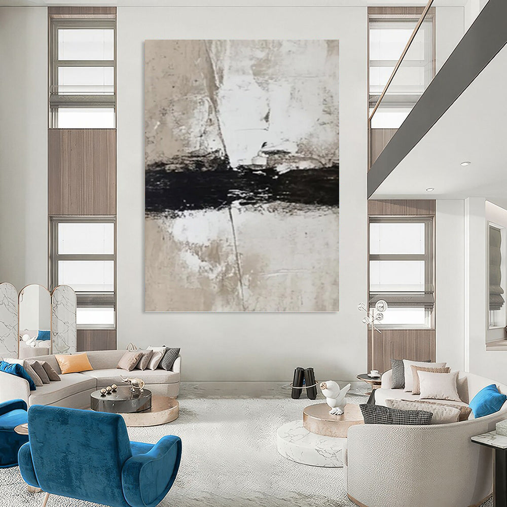 “Beige, White & Black Textured Abstract Strokes” Painting On Canvas DKH0976