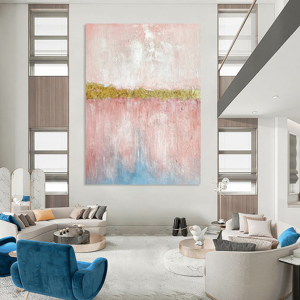 Pink & Gold Abstract Divide - Minimalist Abstract Painting On Canvas CT2288
