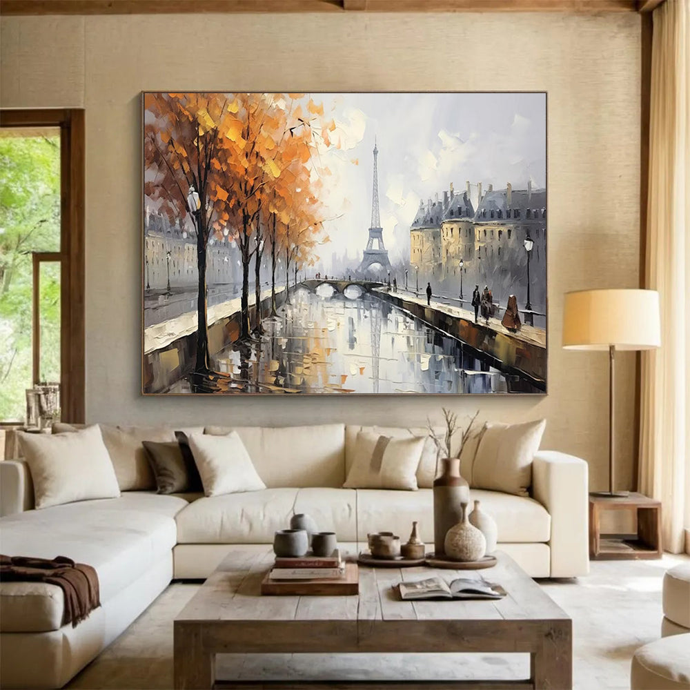 Autumn Paris River Scene with Eiffel Tower - Impressionist Landscape Painting On Canvas DLZ171