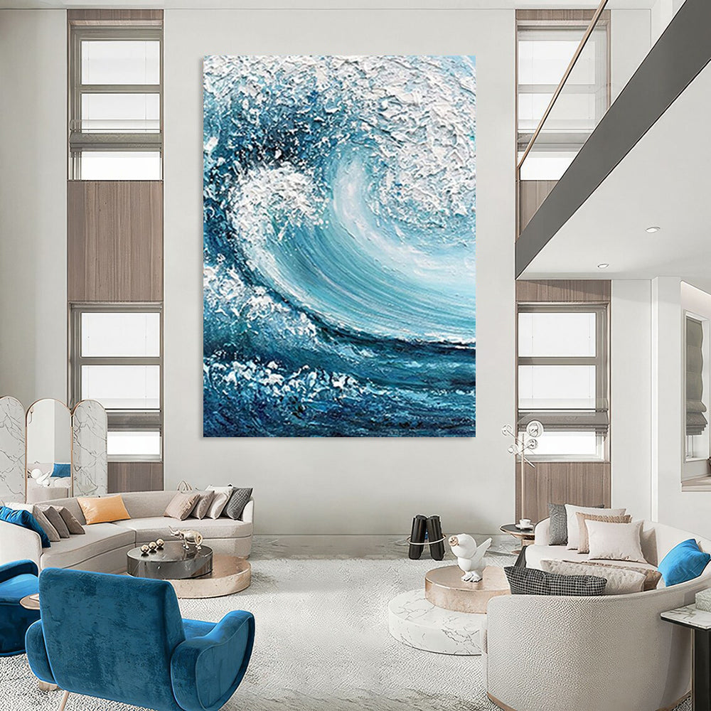 “Blue, White Impasto Wave ‘Crashing Power’” - Textured Sea Wave Painting On Canvas DTP322