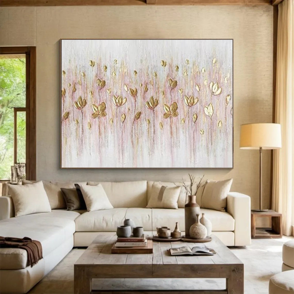 Golden Wildflowers - Pink & Gold Delicate Floral Painting On Canvas DKH875