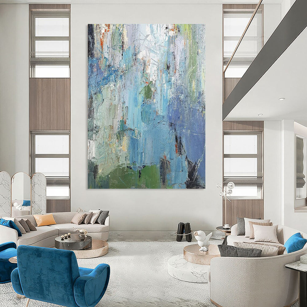 Blue & Green Textured Abstraction - Impasto - Style Abstract Painting On Canvas CT2262