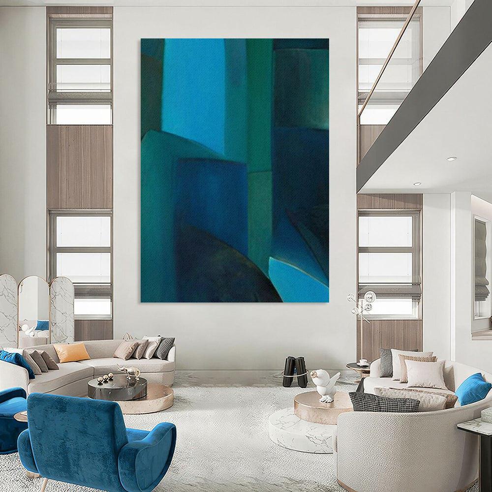 Blue & Green Geometric Abstraction - Cubist - Style Painting On Canvas CT2255