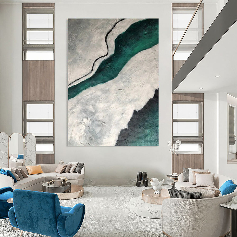 “Gray, Teal, Black Textured River ‘Ethereal Flow’” - Impasto Abstract Painting On Canvas DTP403