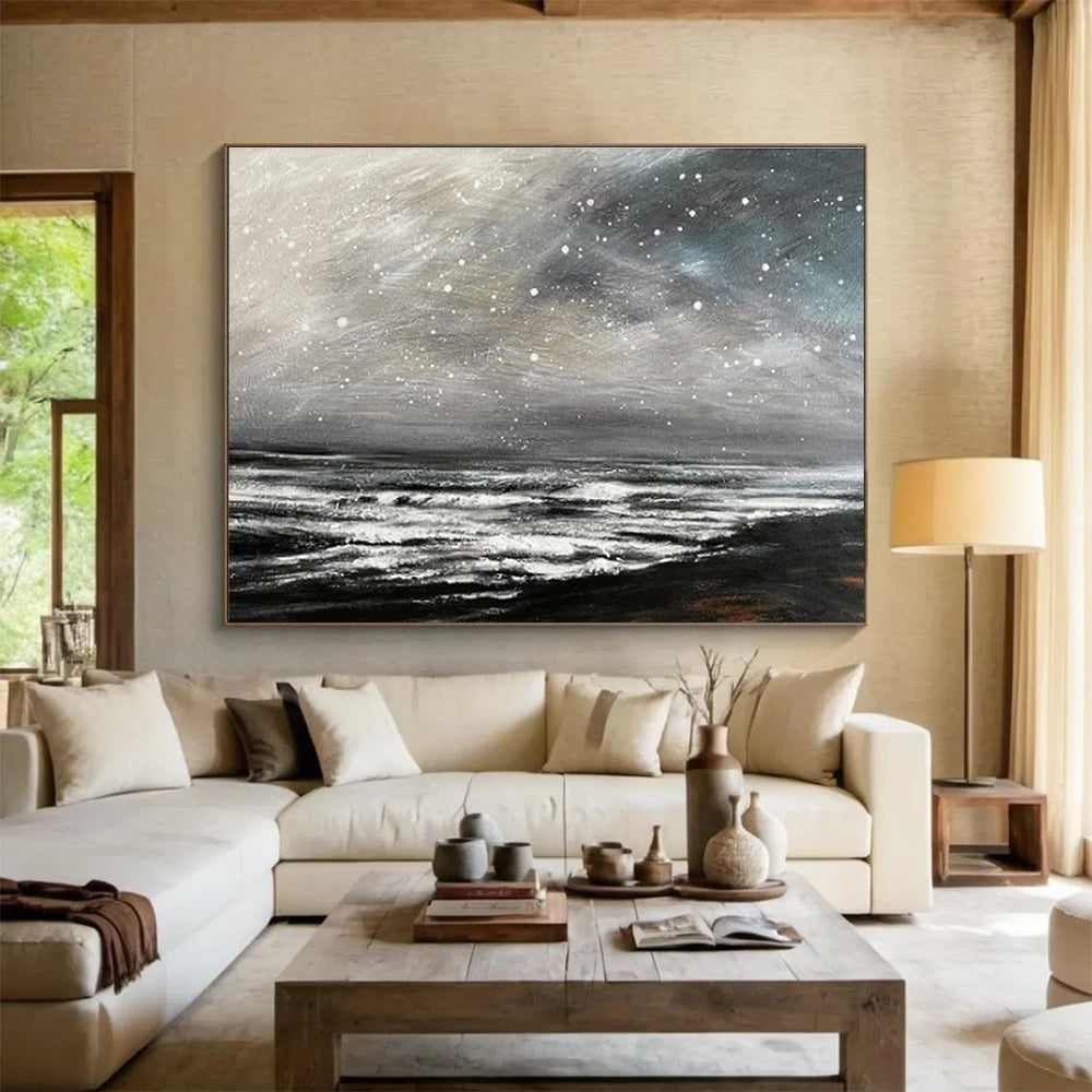 Black and White Starry Ocean “Nocturnal Wave Symphony” Painting On Canvas DKH109
