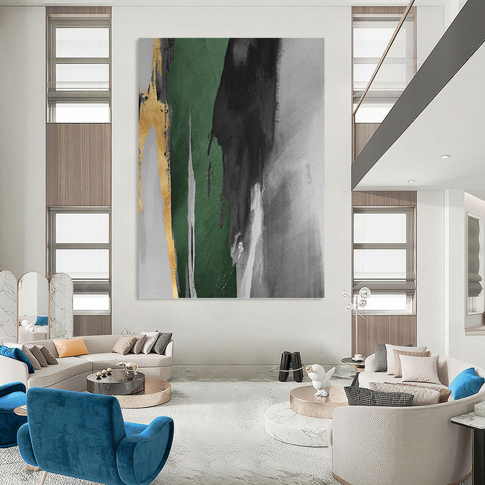 “Gold, Green & Gray Abstract Drips” - Gold, Green, Gray & Black Abstract Painting On Canvas DKH1198